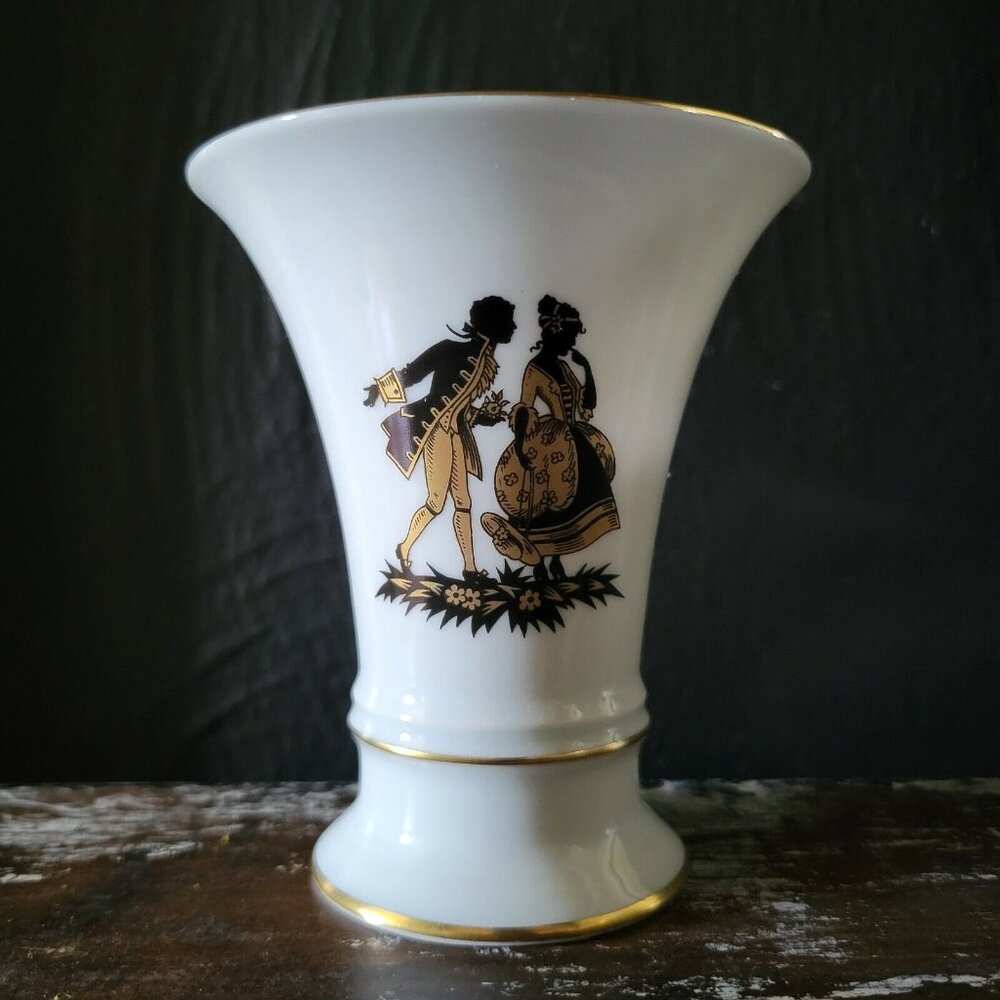 Vintage Furstenberg West Germany Vase With Colonial Figures & Gold Trim 4.125"